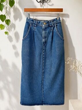 90s Minimalist Denim Midi Skirt | High Rise Straight Vintage